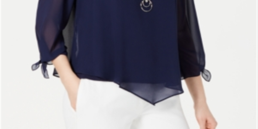 Blusa feminina com colar assimétrico JM Collection, azul, tamanho pequeno