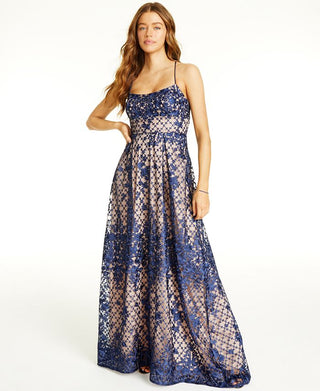 Jump Vestido feminino bordado com alças finas, decote quadrado, comprimento total, formal, azul, tamanho 5-6