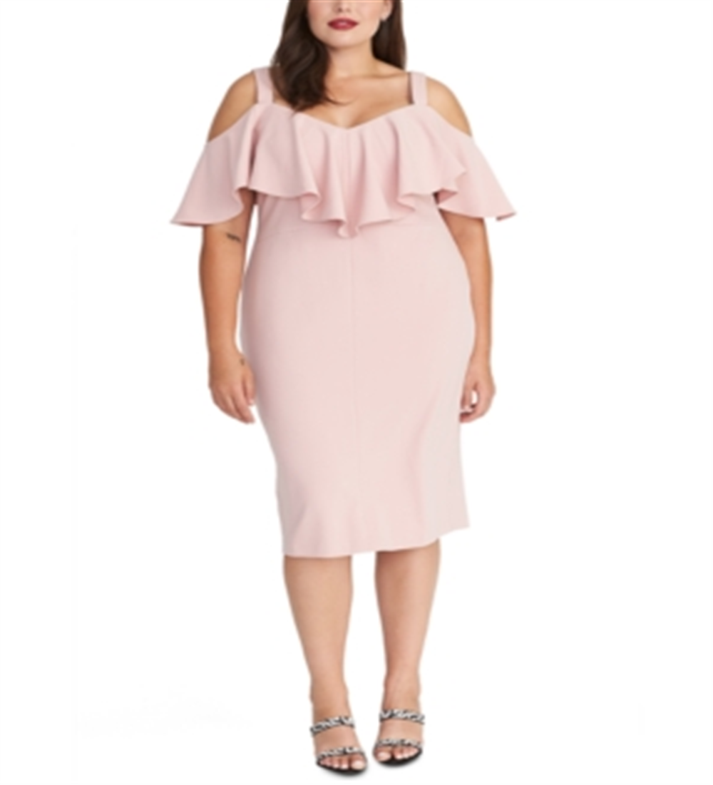 Vestido de coquetel feminino Rachel Roy, ombro de fora, babados, alças finas, decote coração, abaixo do joelho, rosa, tamanho 16W