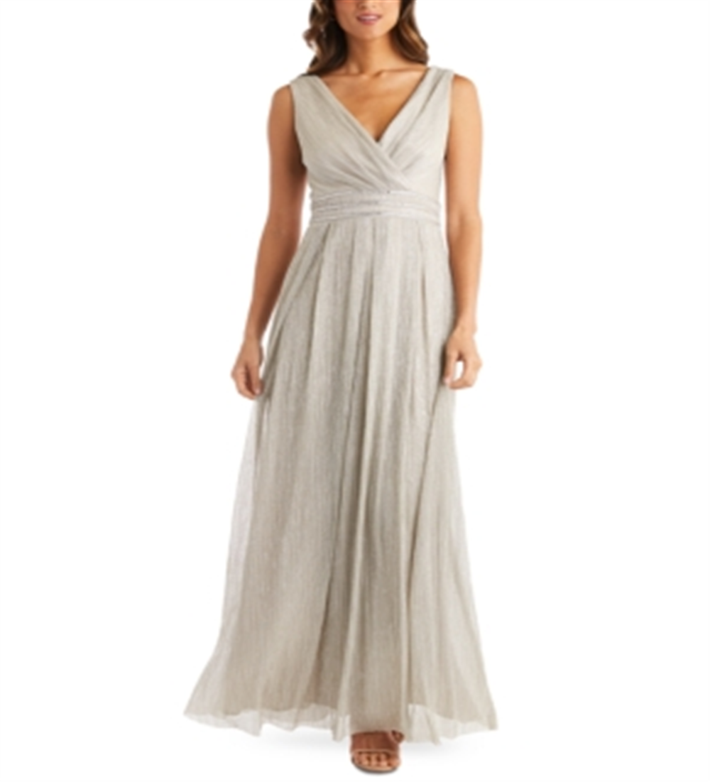 Vestido R &amp; M Richards Metallic Crinkle Bege Tamanho 6 Petite