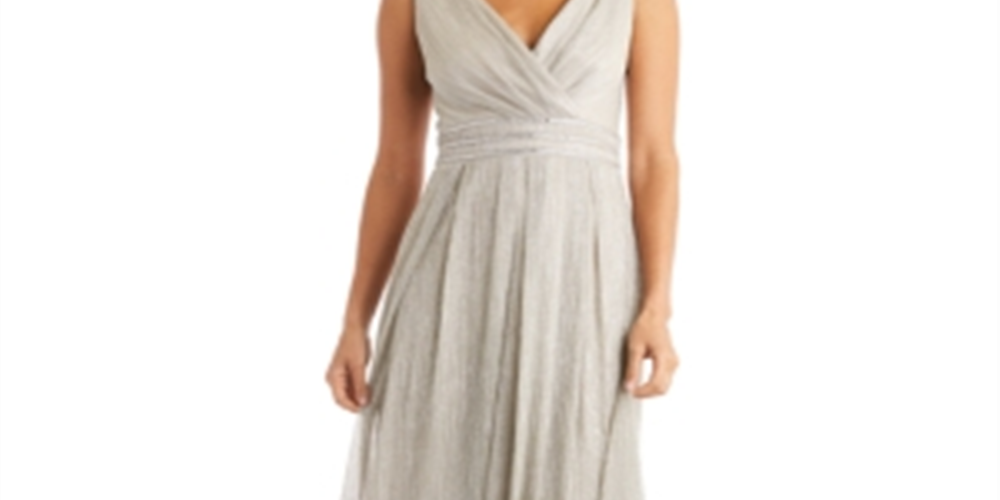 Vestido R &amp; M Richards Metallic Crinkle Bege Tamanho 6 Petite