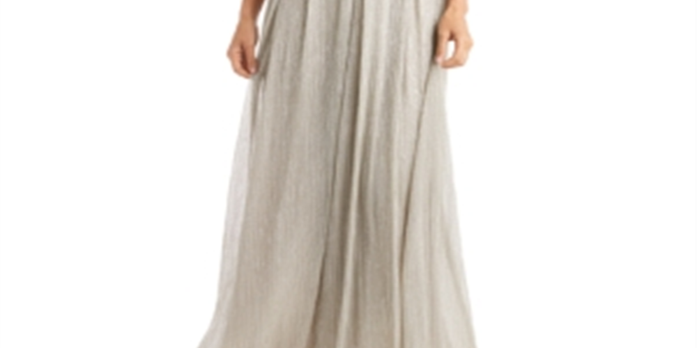 Vestido R &amp; M Richards Metallic Crinkle Bege Tamanho 6 Petite