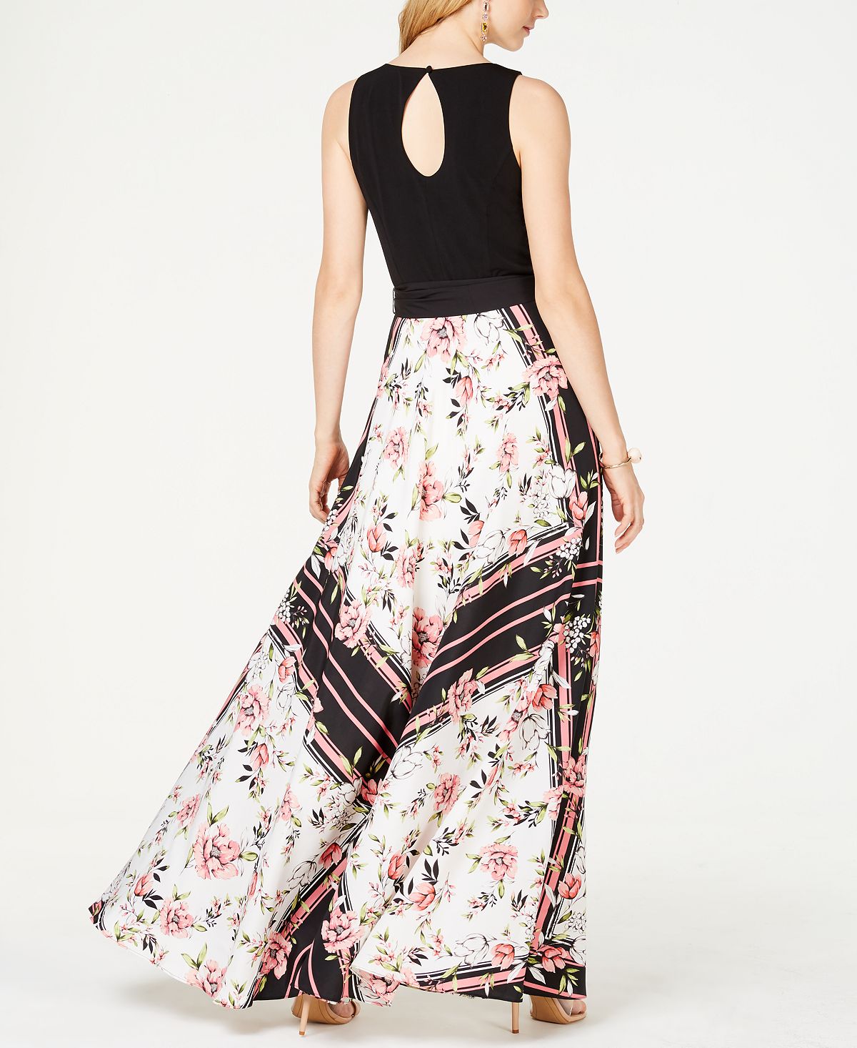 INC Vestido formal feminino preto com cinto floral, sem mangas, gola redonda, comprimento total, tamanho 6