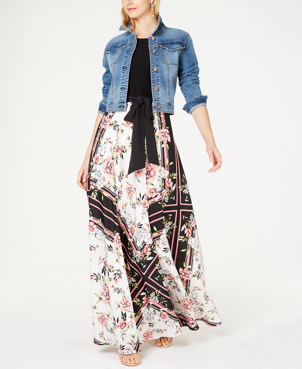 INC Vestido formal feminino preto com cinto floral, sem mangas, gola redonda, comprimento total, tamanho 6
