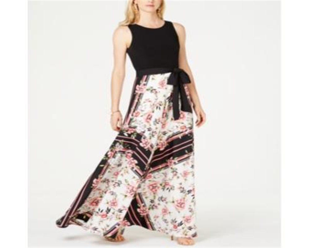 INC Vestido formal feminino preto com cinto floral, sem mangas, gola redonda, comprimento total, tamanho 6