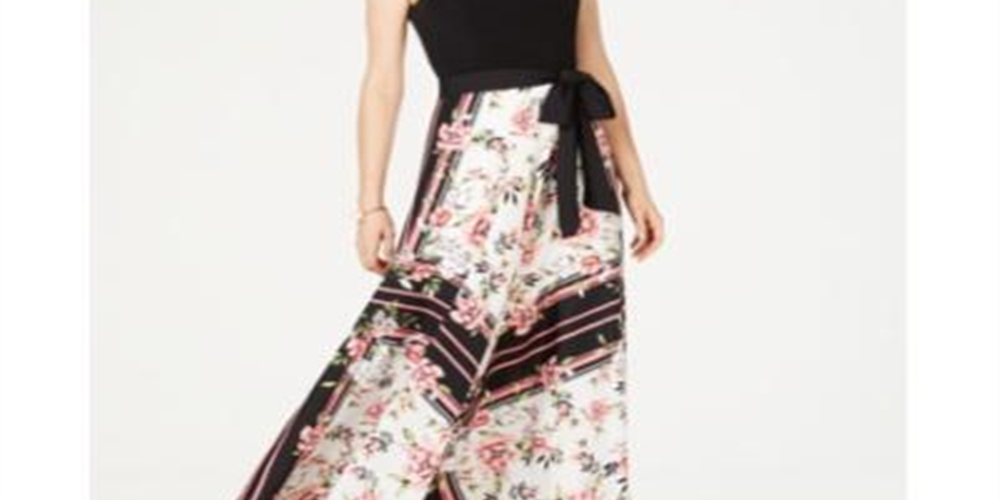 INC Vestido formal feminino preto com cinto floral, sem mangas, gola redonda, comprimento total, tamanho 6