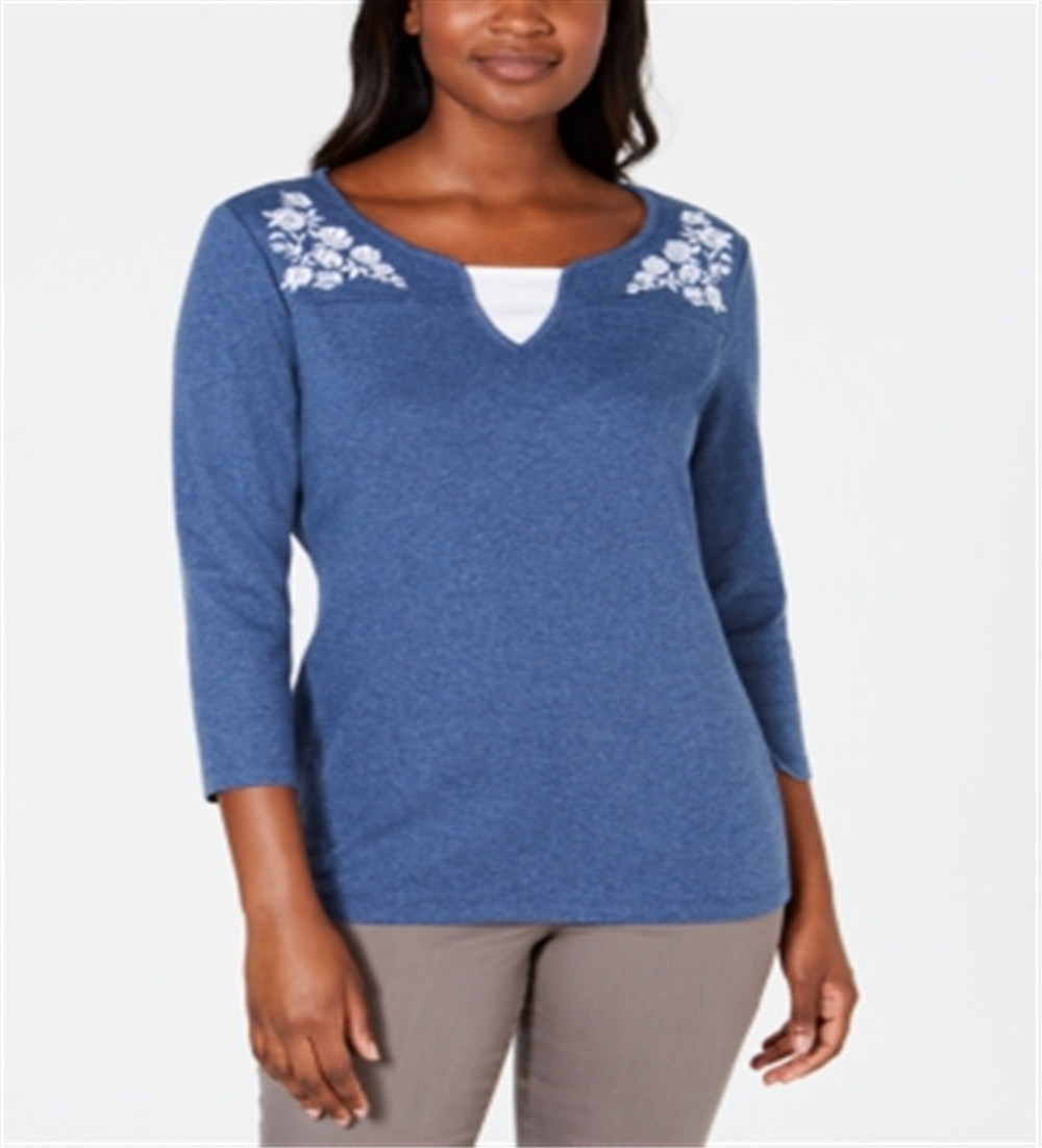 Blusa feminina Karen Scott de algodão bordado com camadas, azul, tamanho pequeno G