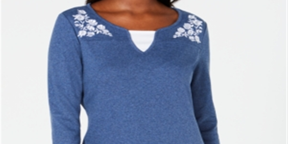 Blusa feminina Karen Scott de algodão bordado com camadas, azul, tamanho pequeno G