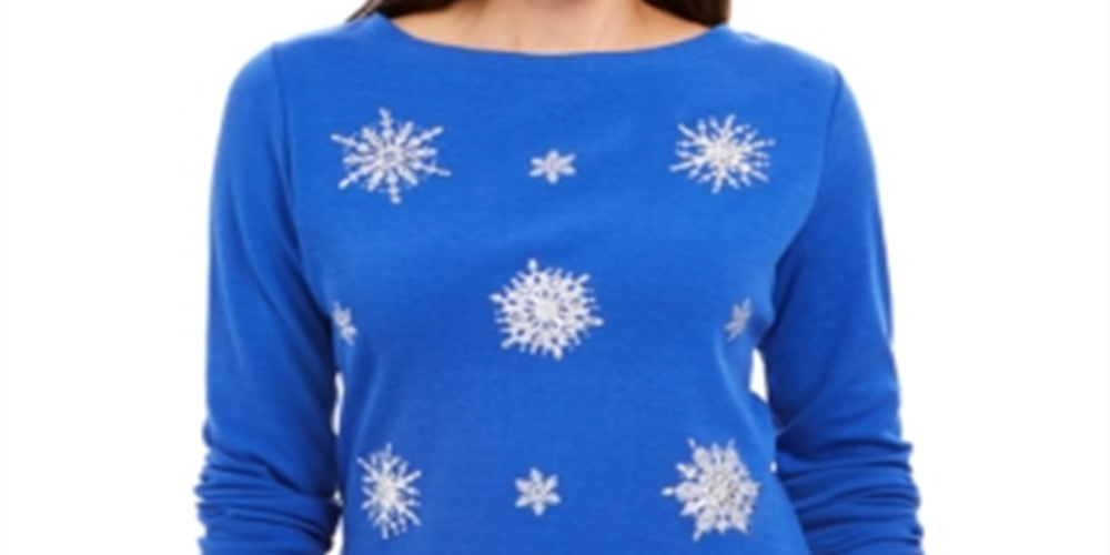 Blusa feminina Karen Scott com floco de neve e detalhes em azul, tamanho XXG
