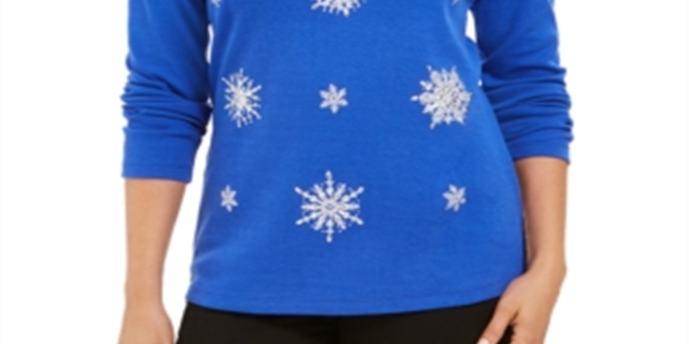 Blusa feminina Karen Scott com floco de neve e detalhes em azul, tamanho XXG