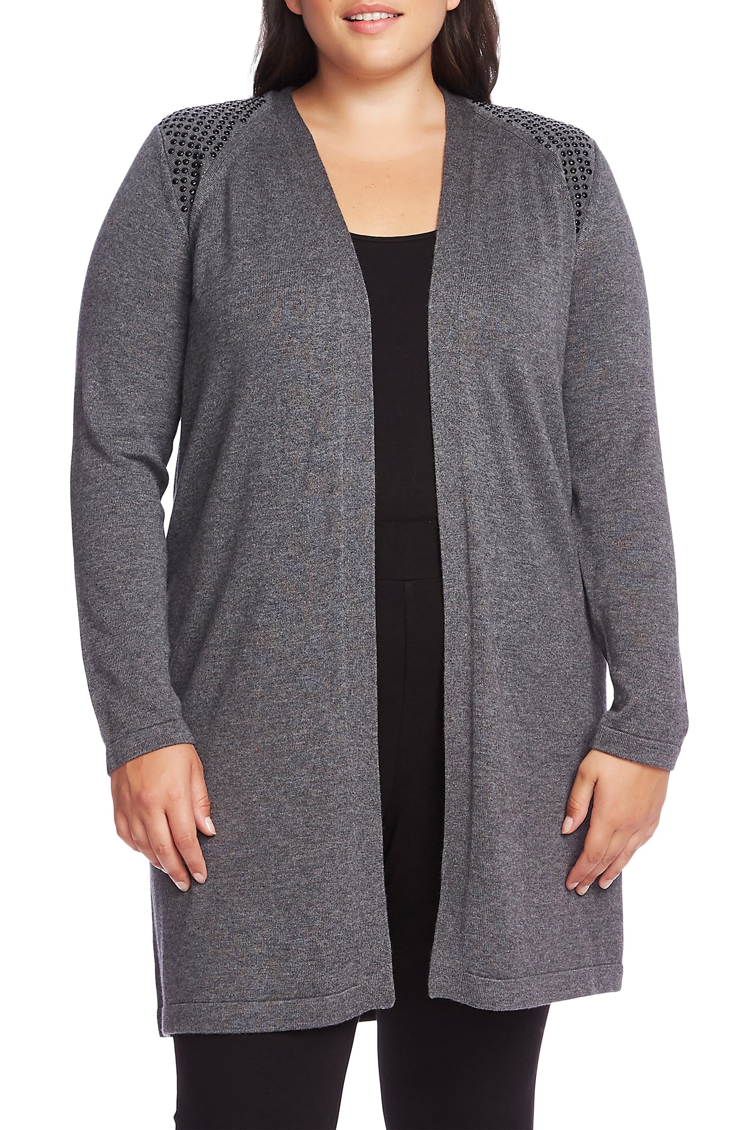 Cardigan longo com tachinhas Vince Camuto feminino cinza tamanho 1X