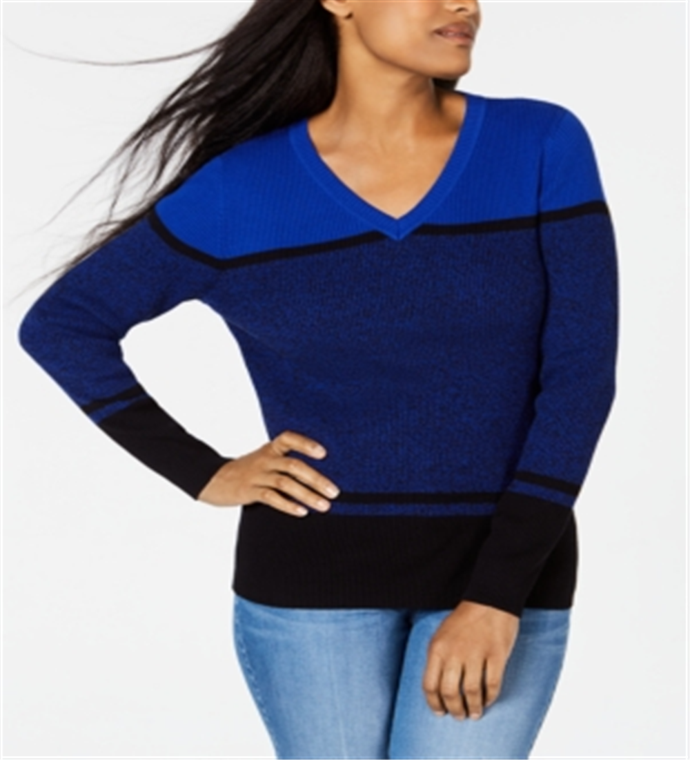 Karen Scott Suéter Feminino Manga Longa Gola V Color Block Azul Tamanho P