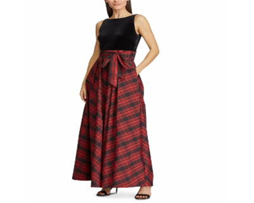 Vestido de festa longo com decote em V e mangas xadrez Ralph Lauren feminino, preto, tamanho 2