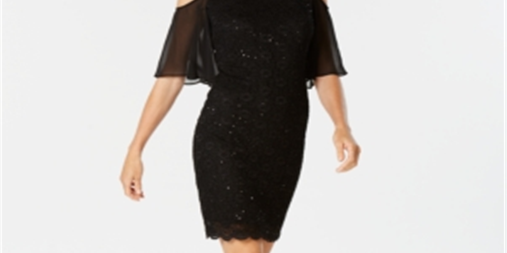 Vestido de renda com decote em V e mangas curtas Connected Apparel feminino, preto, tamanho 10