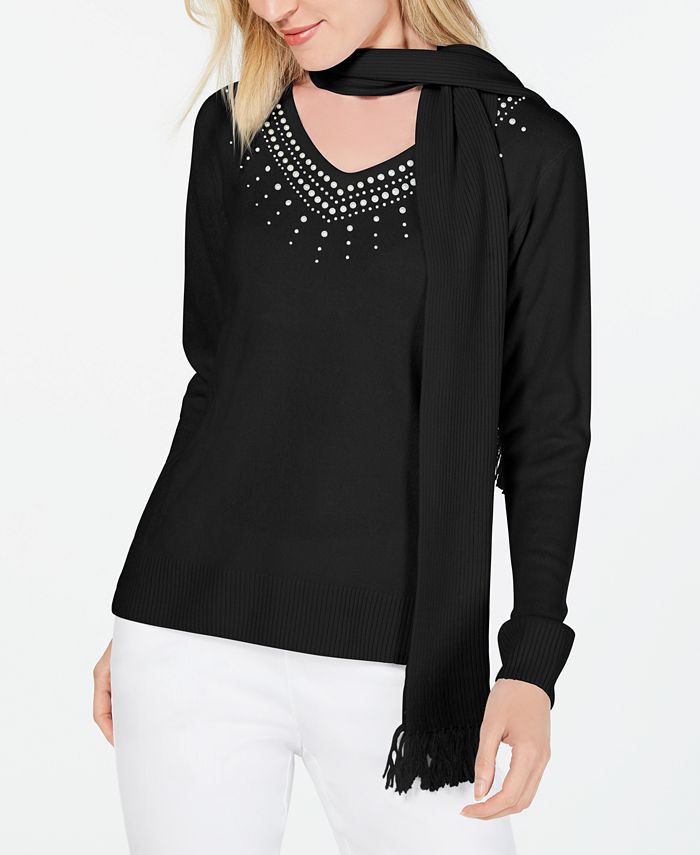 Karen Scott Suéter Feminino Embelezado com Cachecol Preto Tamanho Pequeno XL