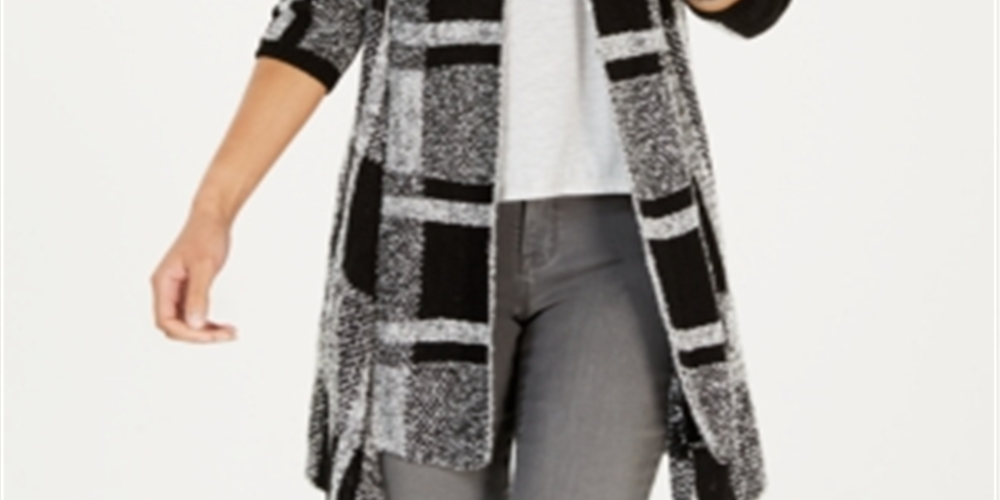 Cardigan xadrez jacquard feminino Style &amp; Co, preto, tamanho extragrande