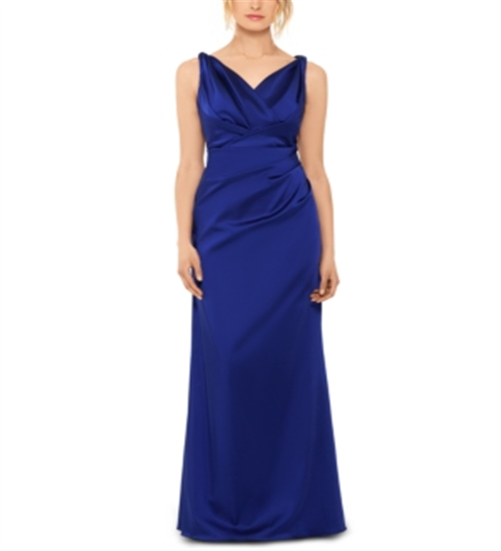 Vestido feminino Betsy &amp; Adam, de cetim, com decote em V e franzido, azul, tamanho 8