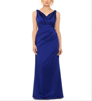 Vestido feminino Betsy &amp; Adam, de cetim, com decote em V e franzido, azul, tamanho 8
