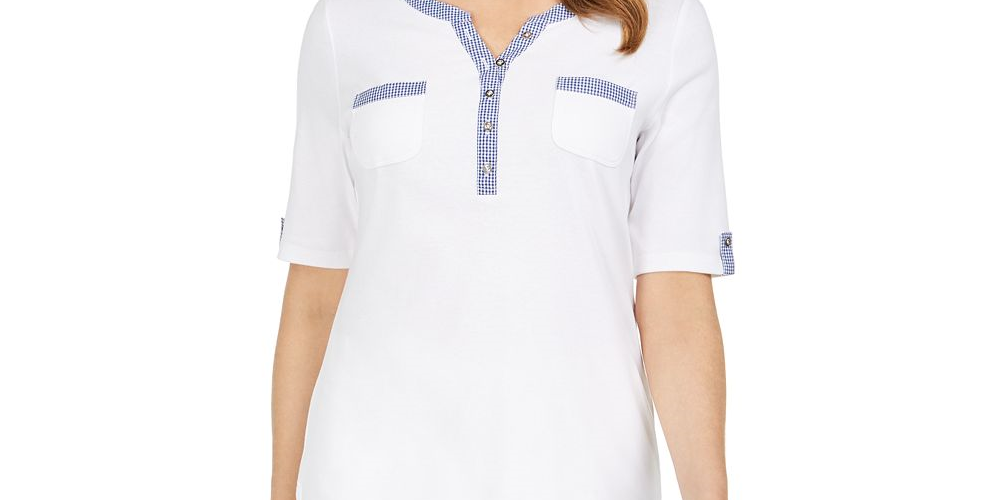 Karen Scott Top Henley Feminino com Acabamento Vichy Branco Tamanho XX-G