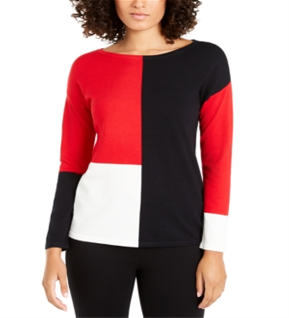 Blusa feminina Alfani com estampa de blocos de cores e ombros caídos, vermelha, tamanho XX-G