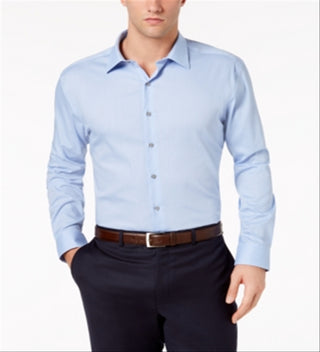 Alfani Men's Athletic Fit Performance Stretch Step Twill Textured Dress Shirt Blue Size L-16-16.5x32-33