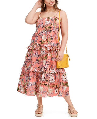Vestido longo feminino sem mangas com babados florais da INC International Concepts, laranja, tamanho 3X