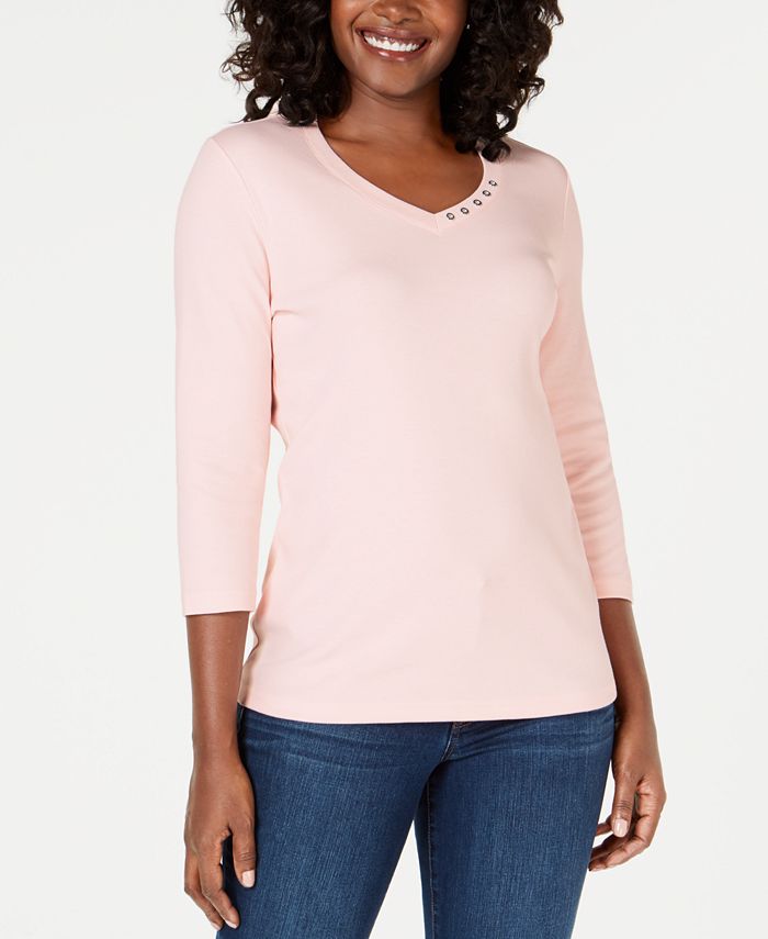 Blusa feminina Karen Scott de algodão com acabamento em botões, rosa, tamanho GG