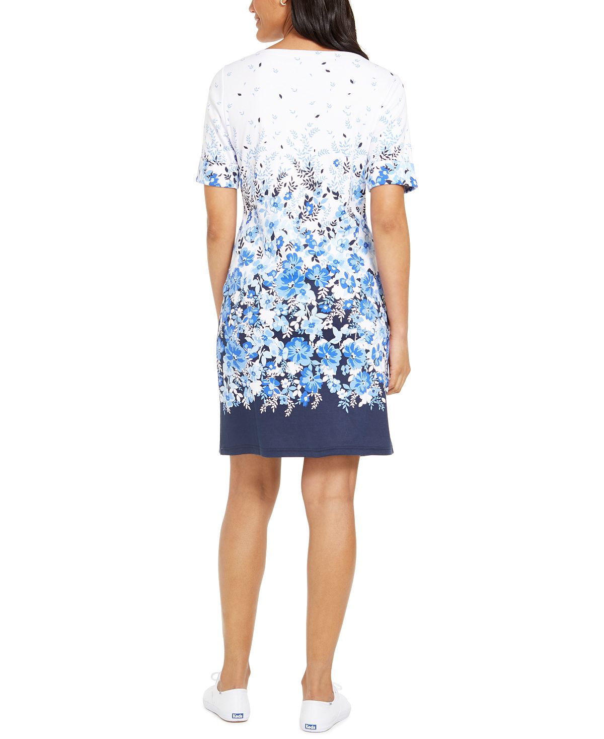 Vestido feminino Karen Scott com estampa floral e decote canoa, azul, tamanho pequeno