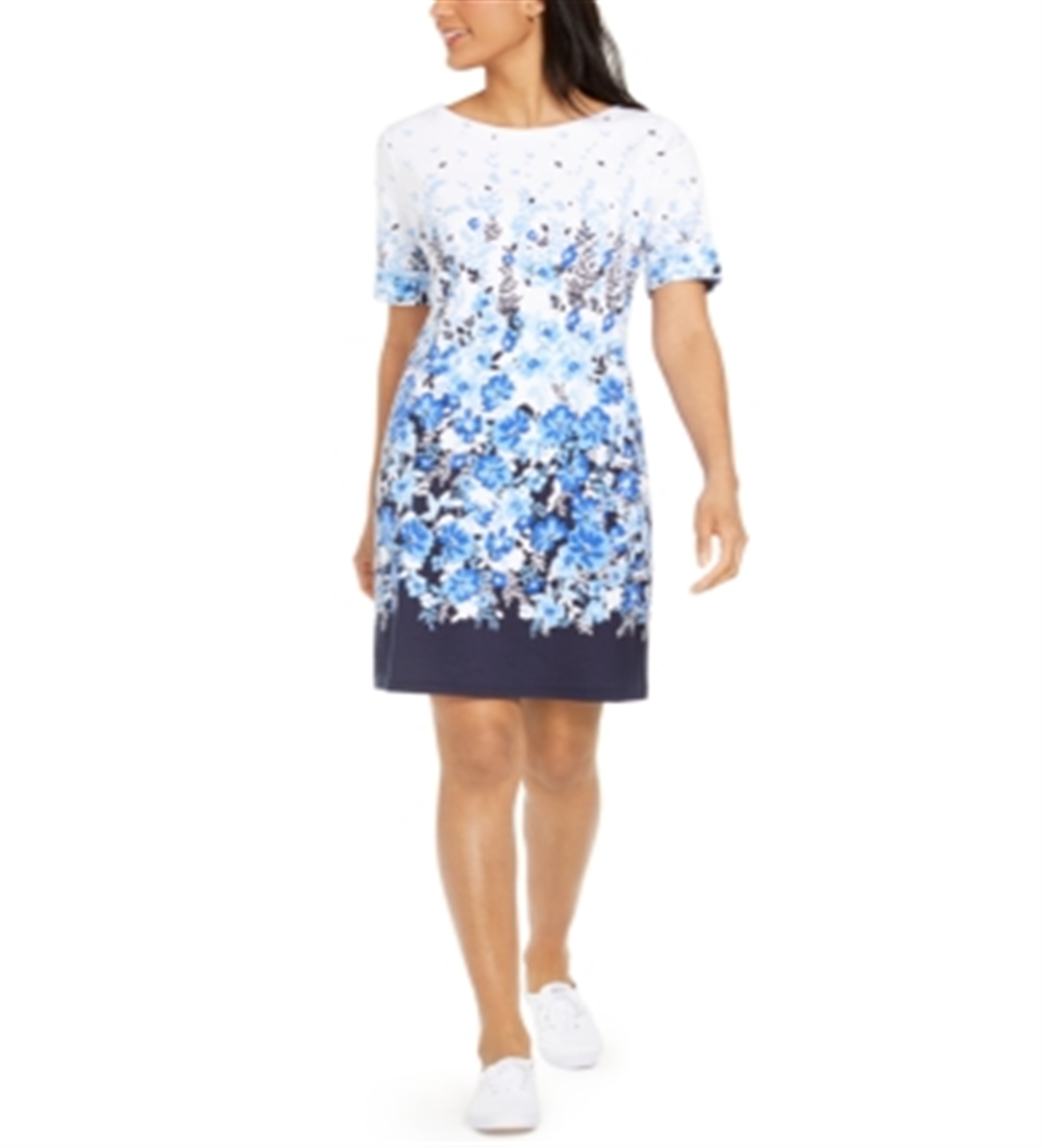 Vestido feminino Karen Scott com estampa floral e decote canoa, azul, tamanho pequeno