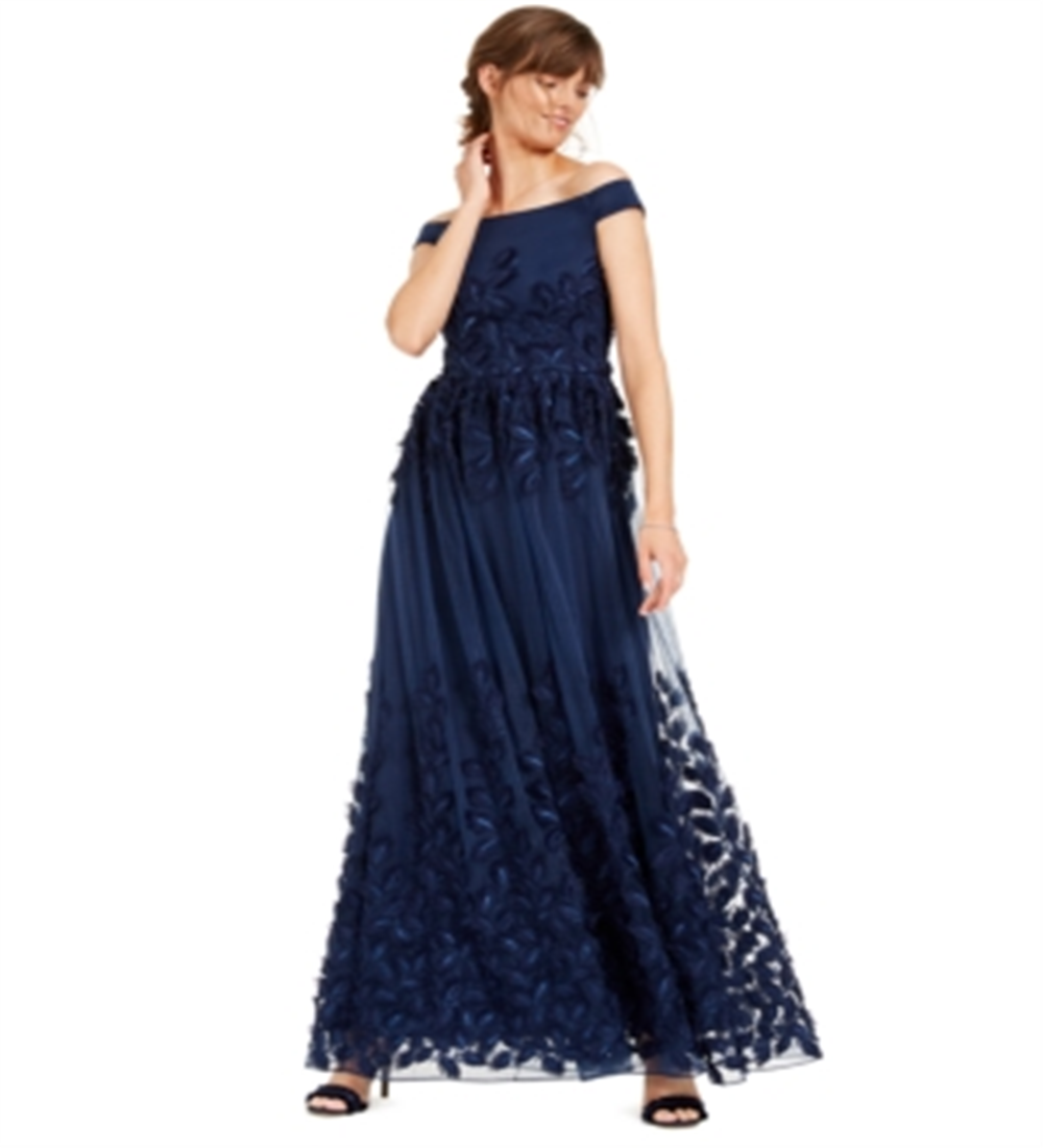 Adrianna Papell Vestido de festa longo sem mangas e ombro de fora, azul-marinho, tamanho 6
