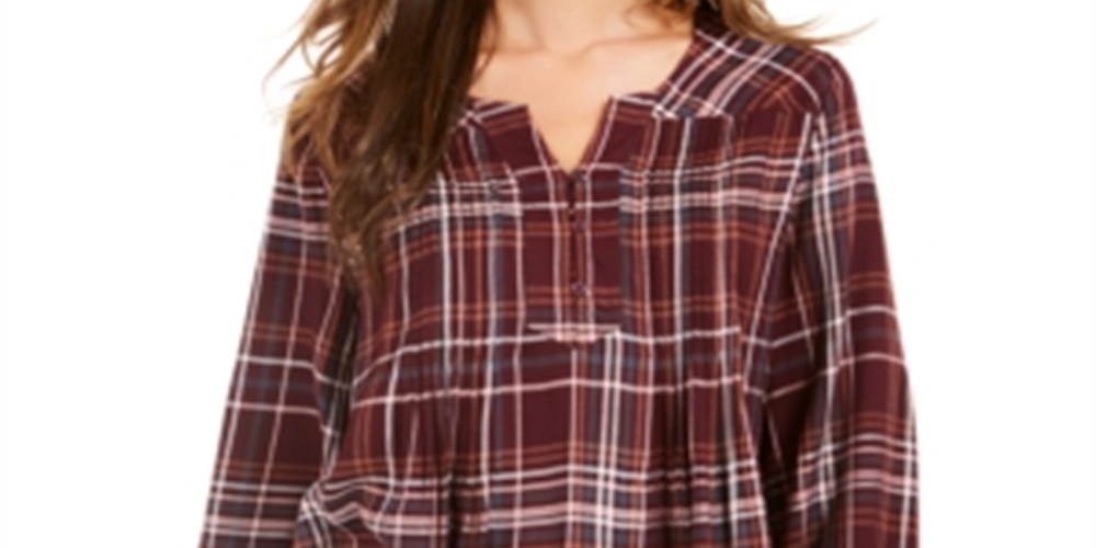 Blusa xadrez feminina estilo &amp; co com decote dividido, vinho, tamanho pequeno
