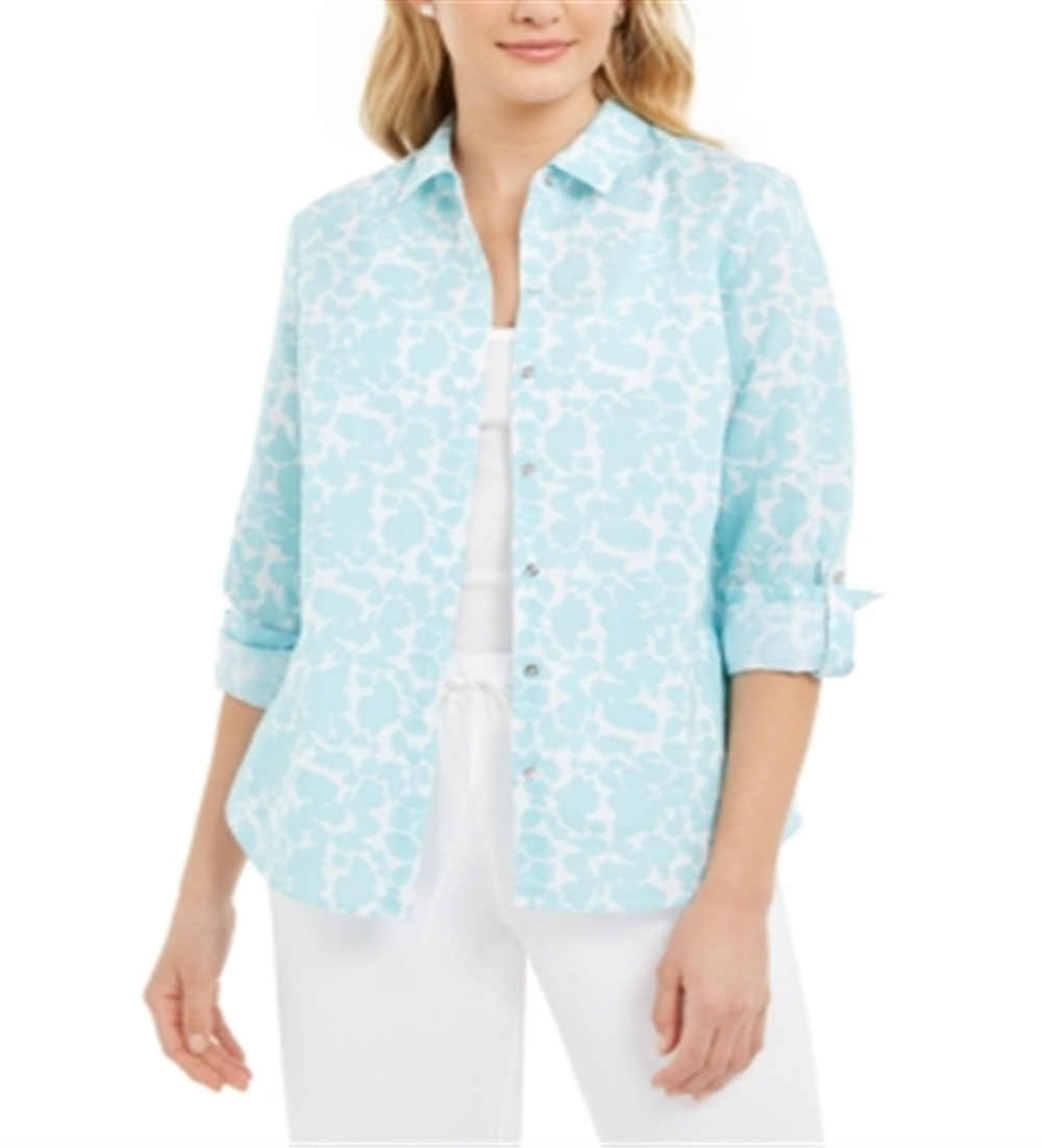 Camisa feminina Charter Club com estampa floral em mistura de linho, azul, tamanho X-S