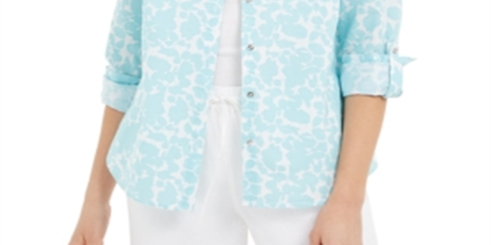 Camisa feminina Charter Club com estampa floral em mistura de linho, azul, tamanho X-S