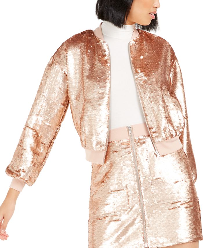 Jaqueta bomber feminina Bar III com lantejoulas e ouro rosa, tamanho G