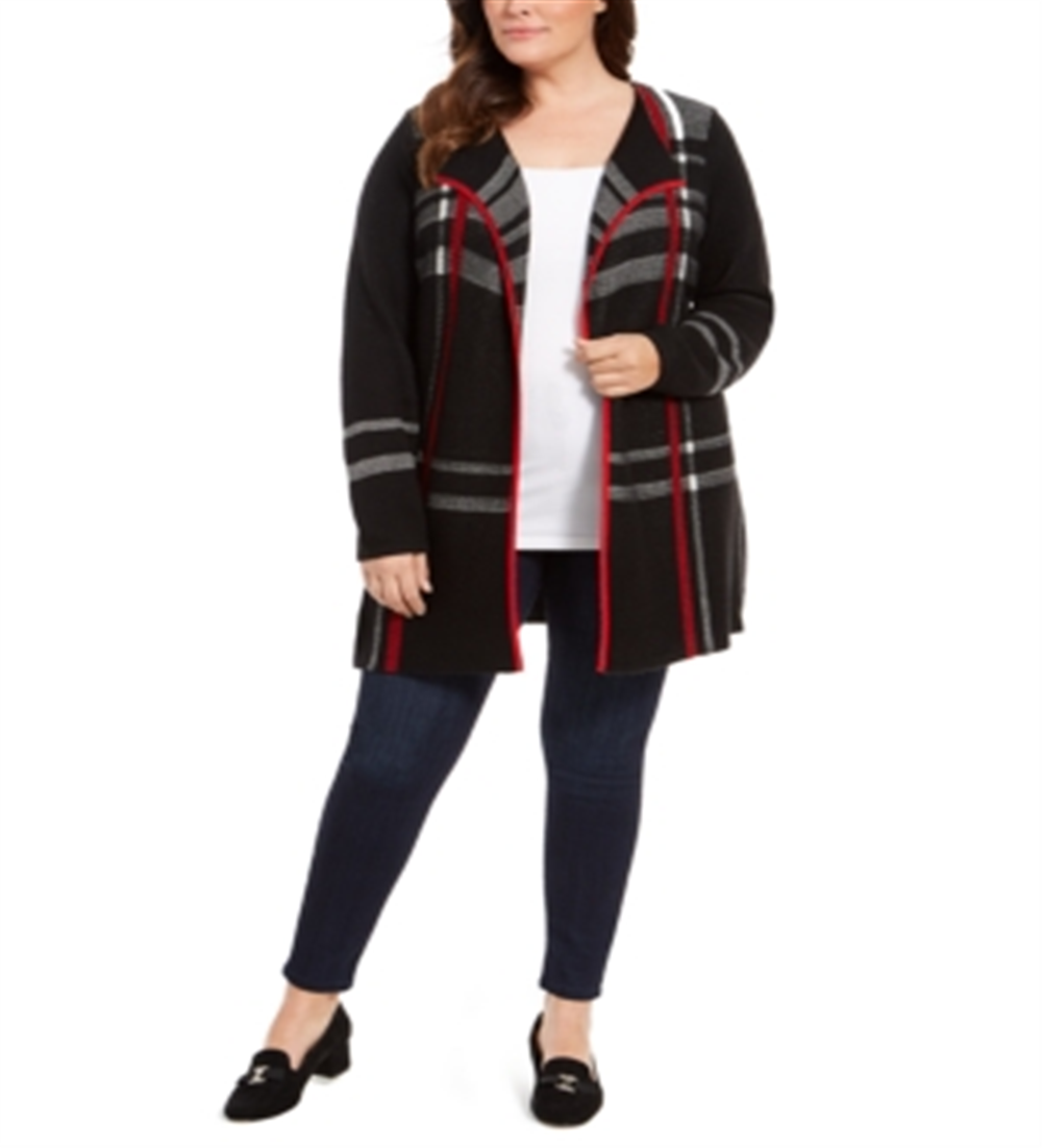 Cardigan feminino plus size xadrez com abertura frontal - preto profundo, tamanho 0X