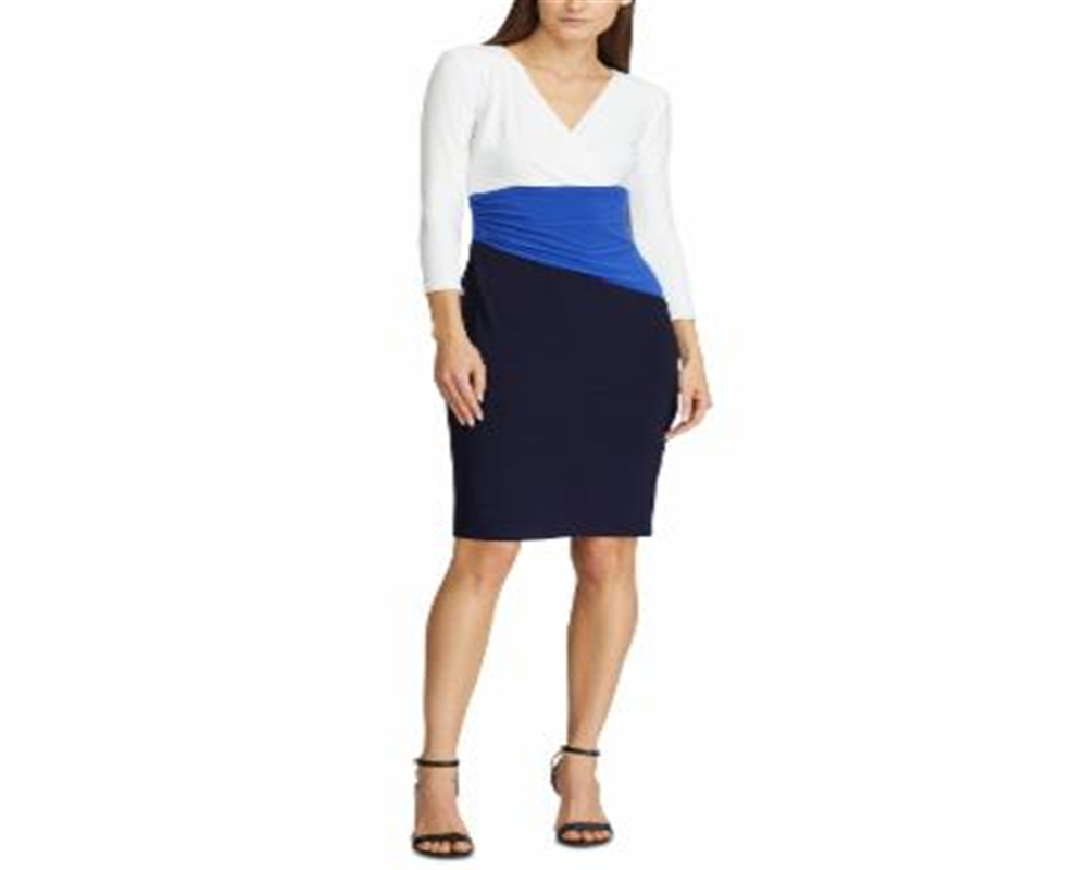 Vestido Ralph Lauren Feminino com Bloco de Cores, Manga Curta, Gola Joia, Acima do Joelho, Azul, Tamanho 0