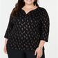 Karen Scott Blusa Henley Feminina Estampada Manga 3/4 Preta Tamanho 3X