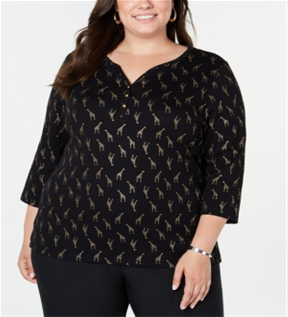 Karen Scott Blusa Henley Feminina Estampada Manga 3/4 Preta Tamanho 3X