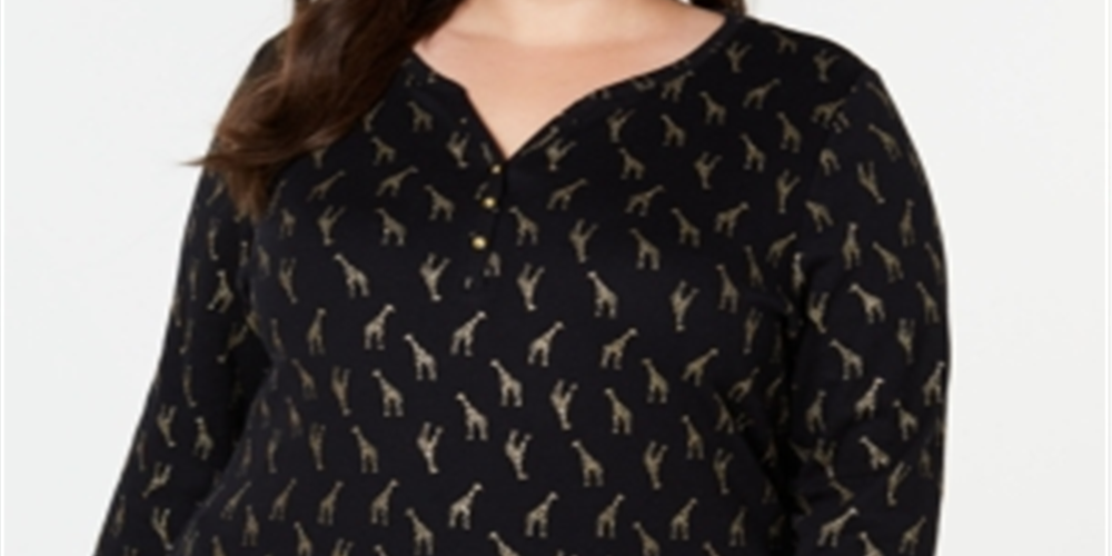 Karen Scott Blusa Henley Feminina Estampada Manga 3/4 Preta Tamanho 3X