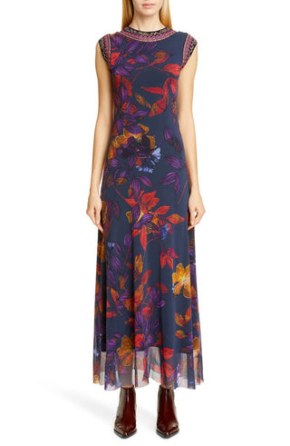 Vestido longo floral bordado Fuzzi feminino, azul, tamanho grande
