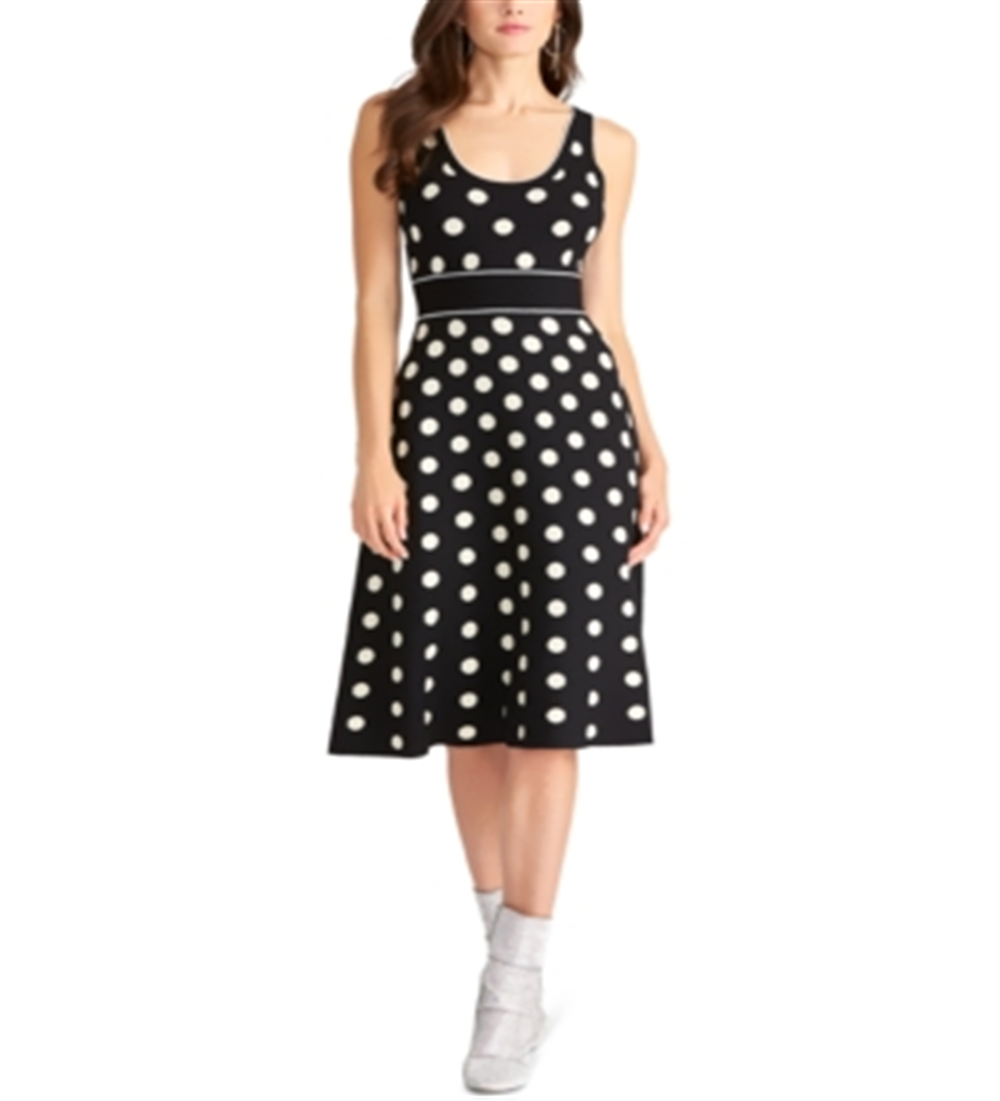Vestido midi com decote redondo e bolinhas Rachel Roy feminino, preto, tamanho XX-G