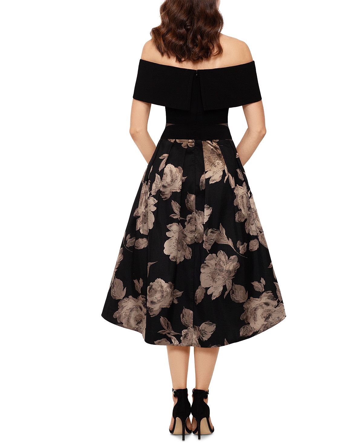 Vestido formal feminino Xscape floral, manga curta, ombro de fora, comprimento chá, hi-lo, preto, tamanho 14, pequeno