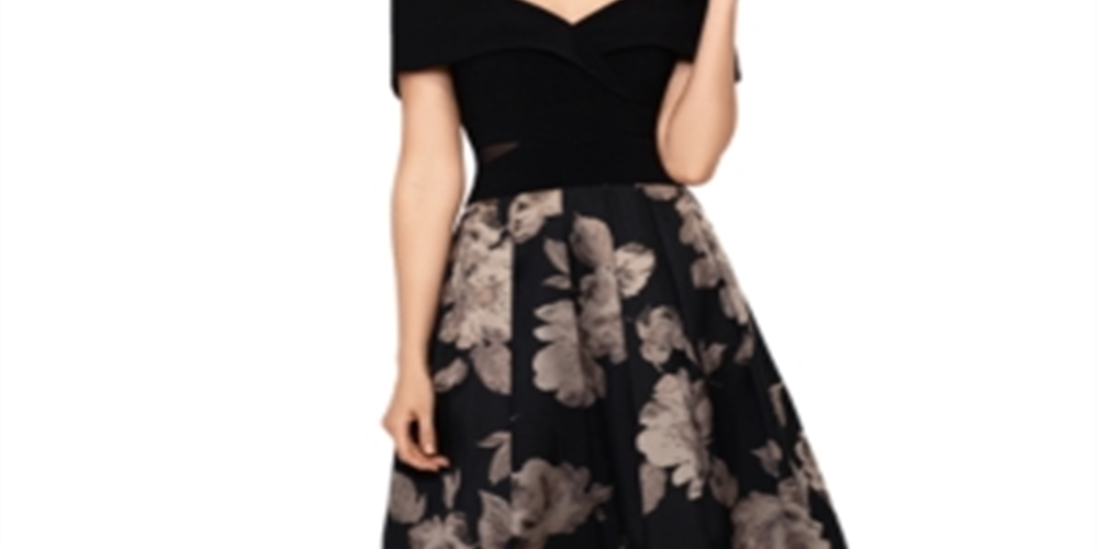 Vestido formal feminino Xscape floral, manga curta, ombro de fora, comprimento chá, hi-lo, preto, tamanho 14, pequeno