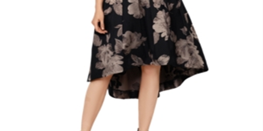 Vestido formal feminino Xscape floral, manga curta, ombro de fora, comprimento chá, hi-lo, preto, tamanho 14, pequeno