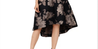 Vestido formal feminino Xscape floral, manga curta, ombro de fora, comprimento chá, hi-lo, preto, tamanho 14, pequeno