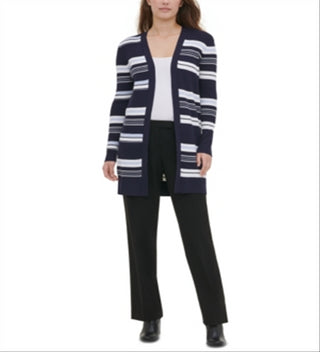 Calvin Klein Cardigan Feminino Listrado Aberto Azul Marinho Tamanho GG