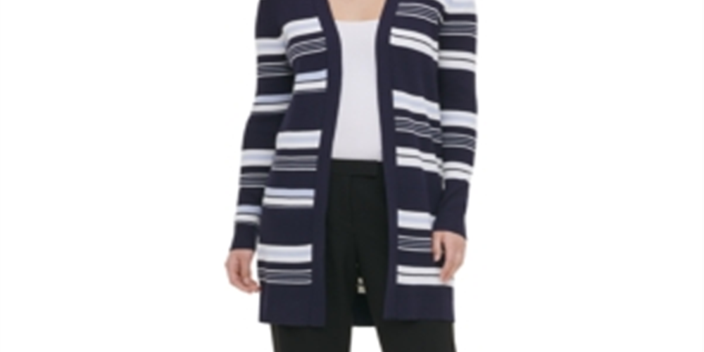 Calvin Klein Cardigan Feminino Listrado Aberto Azul Marinho Tamanho GG