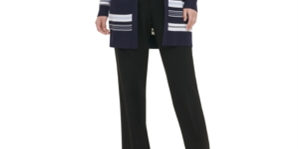 Calvin Klein Cardigan Feminino Listrado Aberto Azul Marinho Tamanho GG