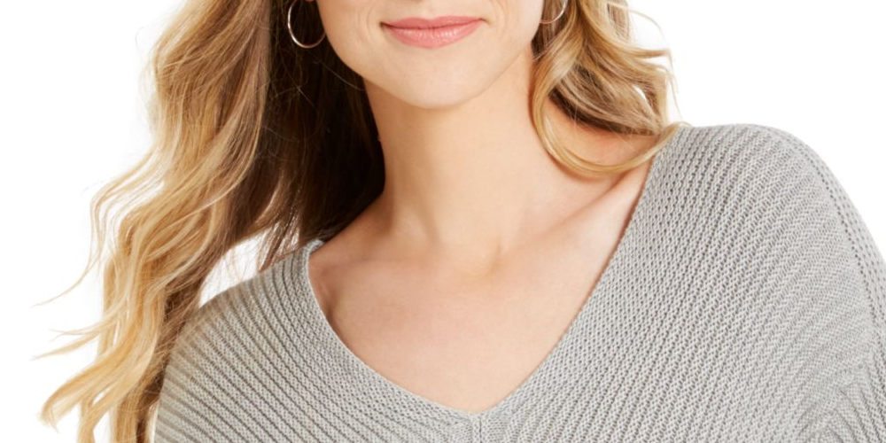 Blusa feminina cinza estampada com manga comprida e decote em V, tamanho pequeno e grande