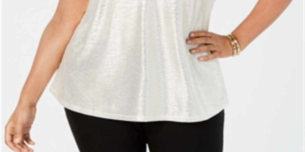 Top metálico com texto feminino INC International Concepts, branco, tamanho 4X